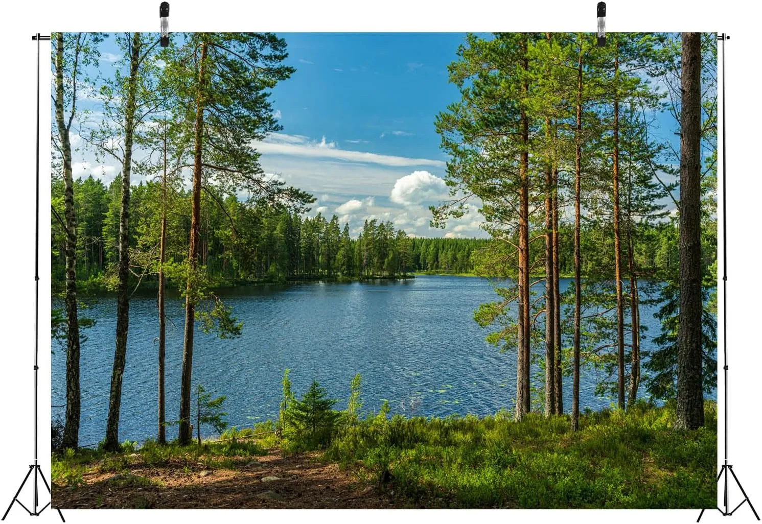 BELECO 8x6ft Fabric Forest Lake Backdrop Nature Park Lakeside Green Trees Scenery Background Spring Summer Outdoor Camping Hiking Decoration Kid Adult Artistic Portrait Photo Studio Props