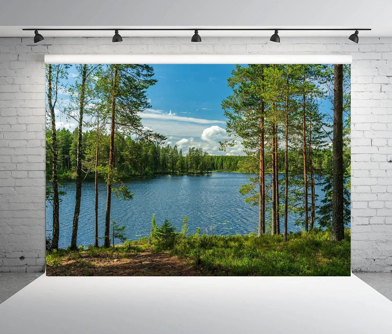 BELECO 8x6ft Fabric Forest Lake Backdrop Nature Park Lakeside Green Trees Scenery Background Spring Summer Outdoor Camping Hiking Decoration Kid Adult Artistic Portrait Photo Studio Props
