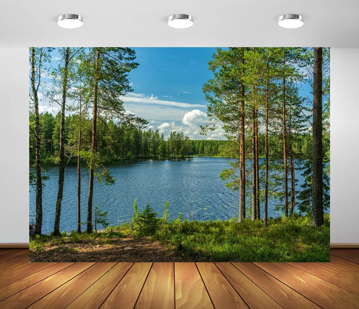 BELECO 8x6ft Fabric Forest Lake Backdrop Nature Park Lakeside Green Trees Scenery Background Spring Summer Outdoor Camping Hiking Decoration Kid Adult Artistic Portrait Photo Studio Props