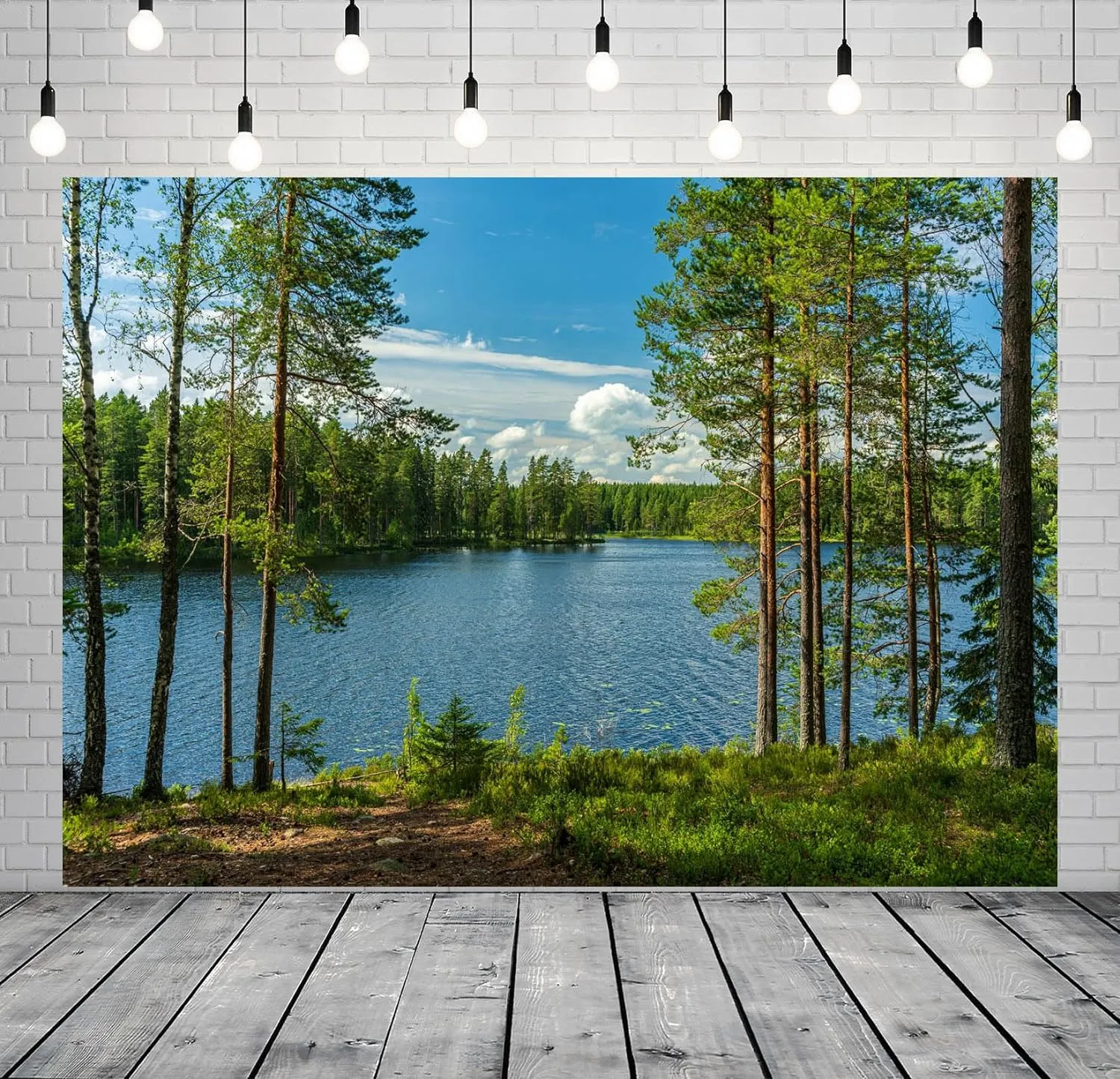 BELECO 8x6ft Fabric Forest Lake Backdrop Nature Park Lakeside Green Trees Scenery Background Spring Summer Outdoor Camping Hiking Decoration Kid Adult Artistic Portrait Photo Studio Props