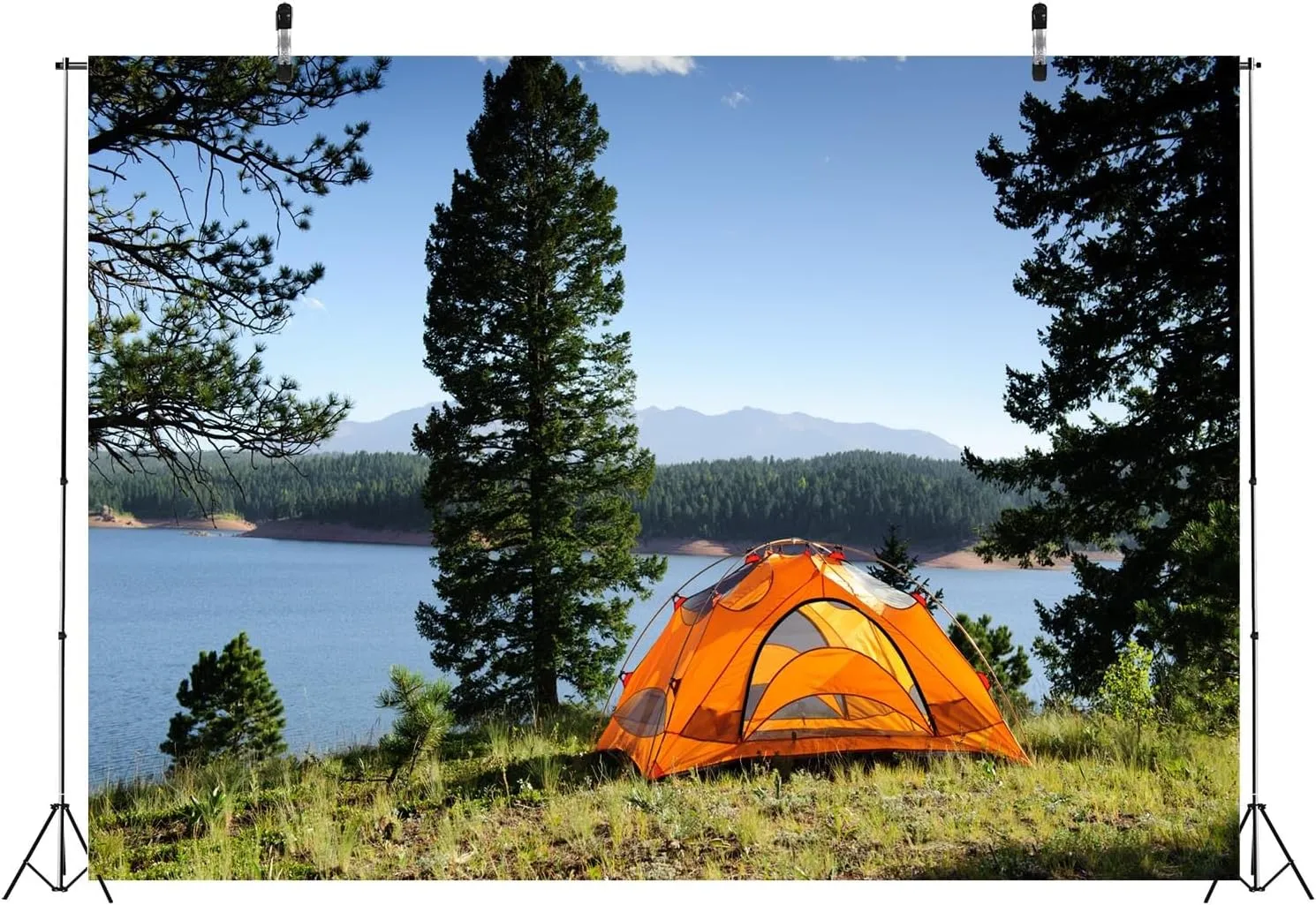 BELECO 9x6ft Fabric Lakeside Camping Backdrop - Outdoor Tent Green Forest Pine Trees Lake Scenery Background for Spring Summer Camp Picnic BBQ Party Decorations Photo Booth Studio Props