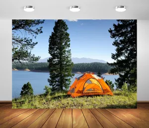 BELECO 9x6ft Fabric Lakeside Camping Backdrop - Outdoor Tent Green Forest Pine Trees Lake Scenery Background for Spring Summer Camp Picnic BBQ Party Decorations Photo Booth Studio Props