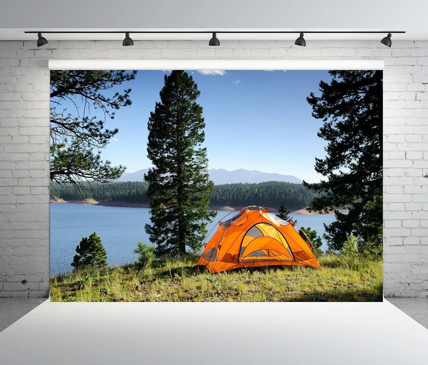 BELECO 9x6ft Fabric Lakeside Camping Backdrop - Outdoor Tent Green Forest Pine Trees Lake Scenery Background for Spring Summer Camp Picnic BBQ Party Decorations Photo Booth Studio Props