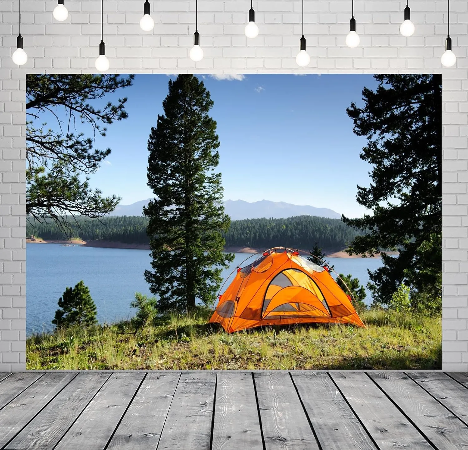 BELECO 9x6ft Fabric Lakeside Camping Backdrop - Outdoor Tent Green Forest Pine Trees Lake Scenery Background for Spring Summer Camp Picnic BBQ Party Decorations Photo Booth Studio Props