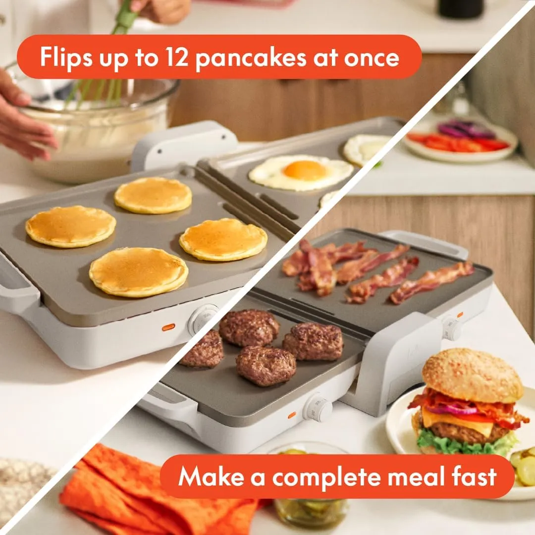 Bella 10"x 20" Ceramic Fold-n-Store Dual Temp Griddle, Fits-anywhere Kitchenware, EverGood Ceramic Nonstick Coating, 2 Temperature Zones up to 400°F​, Dishwasher Safe Drip Tray, 1500 Watt, Oatmilk