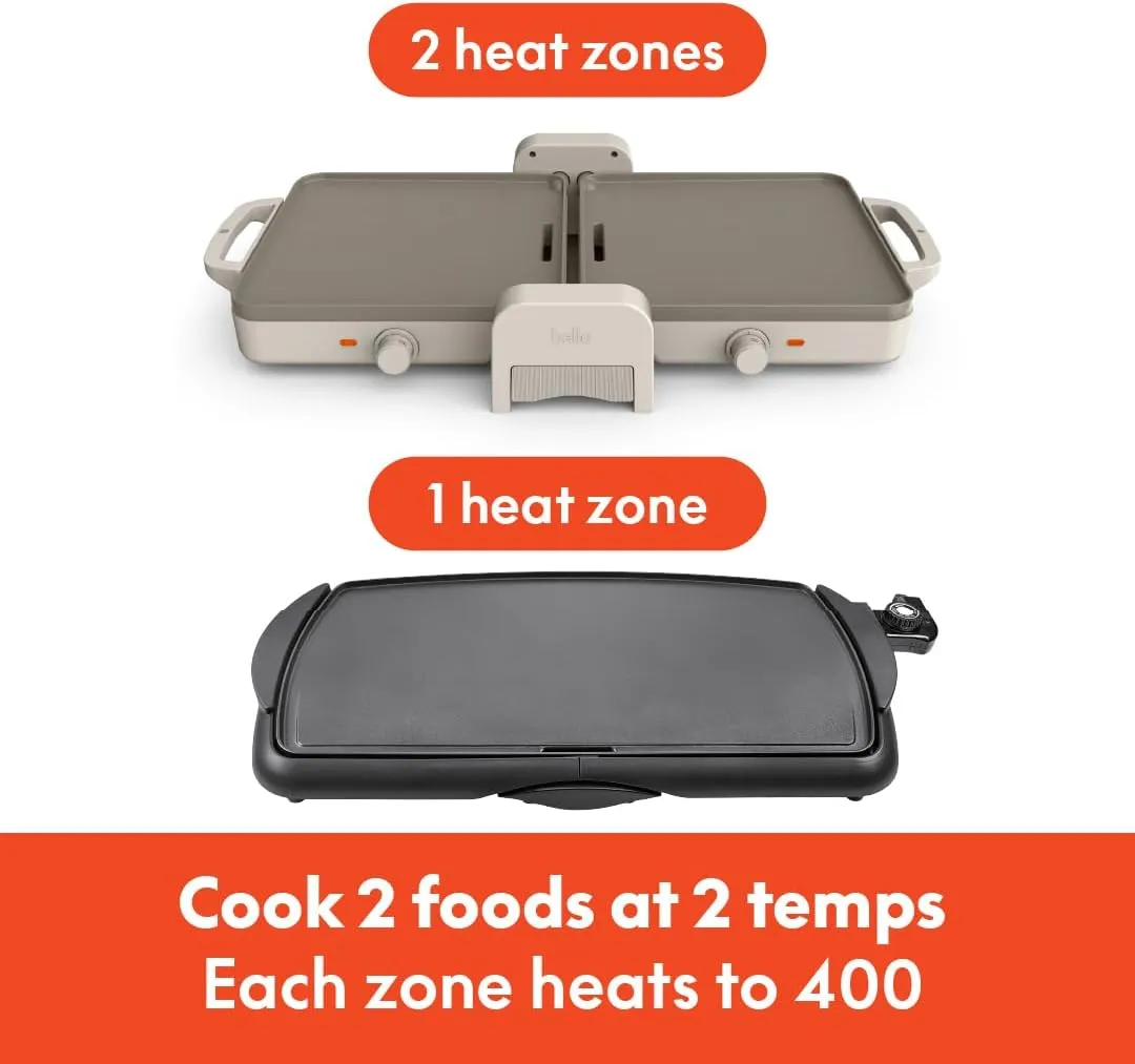 Bella 10"x 20" Ceramic Fold-n-Store Dual Temp Griddle, Fits-anywhere Kitchenware, EverGood Ceramic Nonstick Coating, 2 Temperature Zones up to 400°F​, Dishwasher Safe Drip Tray, 1500 Watt, Oatmilk