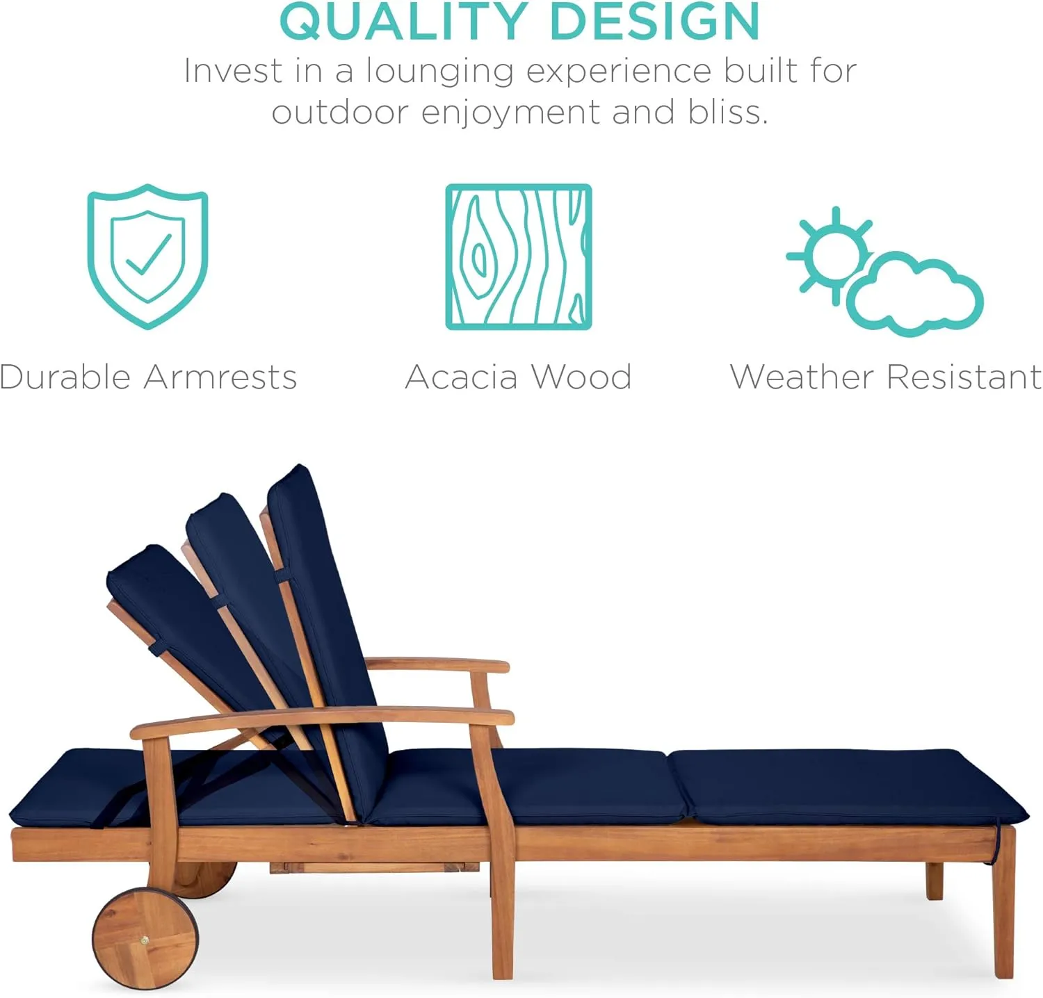 Best Choice Products 79x26in Acacia Wood Chaise Lounge Chair Recliner, Outdoor Furniture for Patio, Poolside w/Slide-Out Side Table, Foam-Padded Cushion, Adjustable Backrest, Wheels - Navy Blue