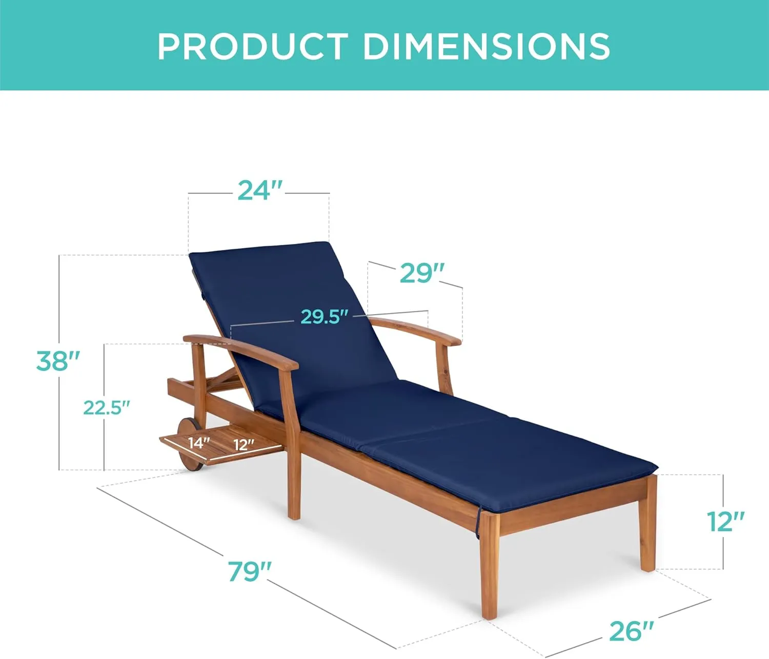Best Choice Products 79x26in Acacia Wood Chaise Lounge Chair Recliner, Outdoor Furniture for Patio, Poolside w/Slide-Out Side Table, Foam-Padded Cushion, Adjustable Backrest, Wheels - Navy Blue