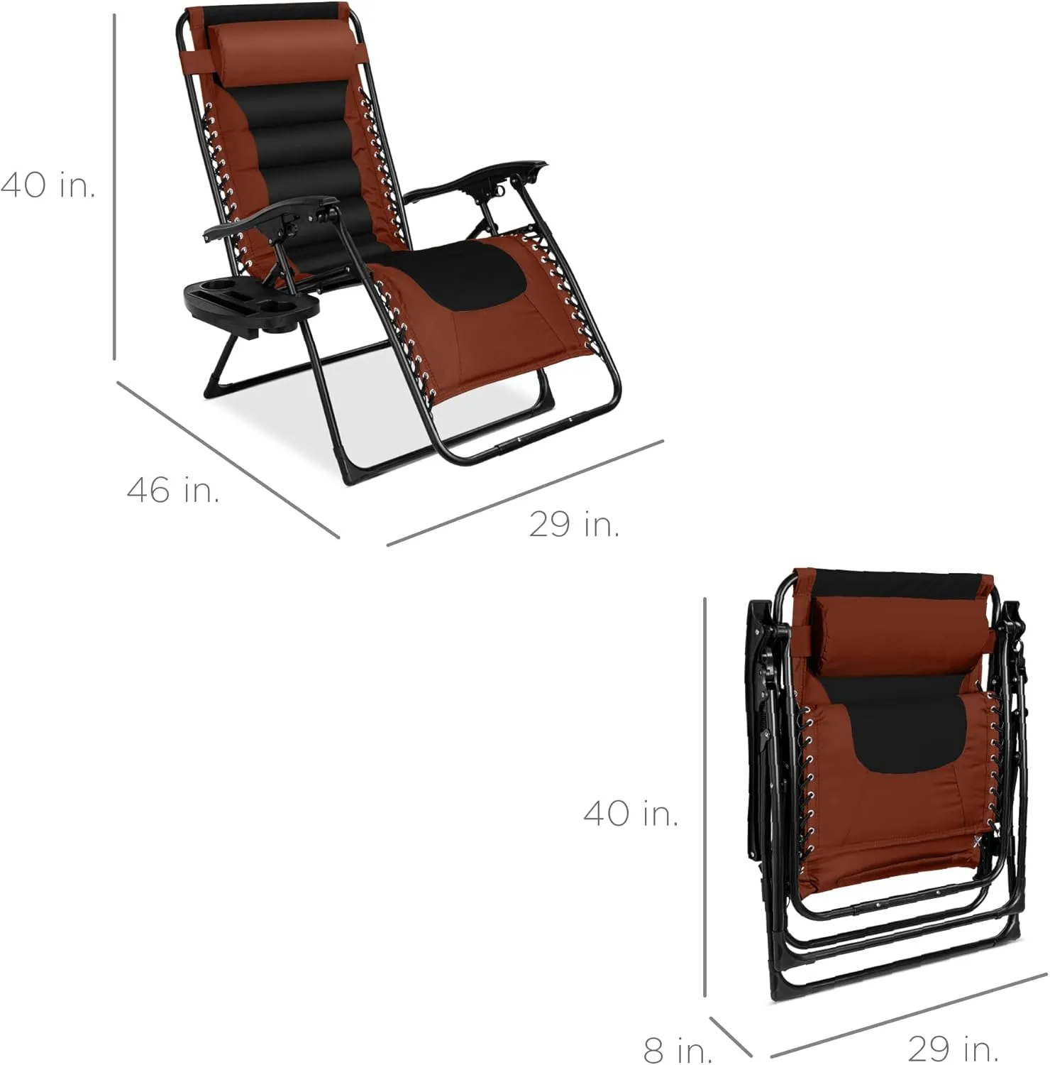 Best Choice Products Oversized Padded Zero Gravity Chair, Folding Outdoor Patio Recliner, XL Anti Gravity Lounger for Backyard w/Headrest, Cup Holder, Side Tray, Polyester Mesh - Rust/Black
