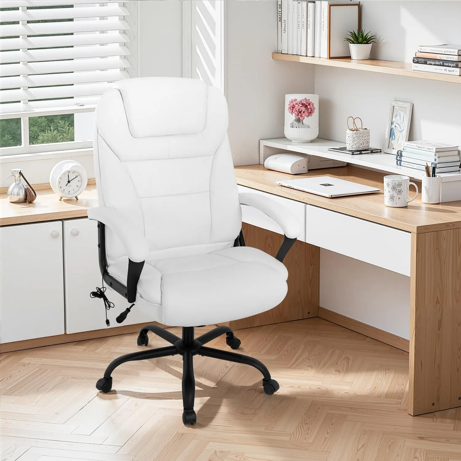 Big & Tall Office Chair 500lbs Capacity - Ergonomic High Back PU Leather Executive Massage Desk Chair with Wide Seat, Adjustable Lumbar Support & Armrests for Home Office Use, Beige