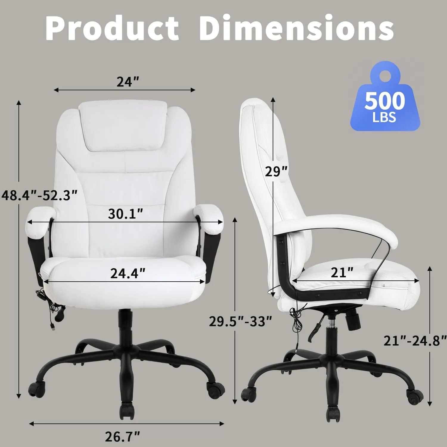 Big & Tall Office Chair 500lbs Capacity - Ergonomic High Back PU Leather Executive Massage Desk Chair with Wide Seat, Adjustable Lumbar Support & Armrests for Home Office Use, Beige