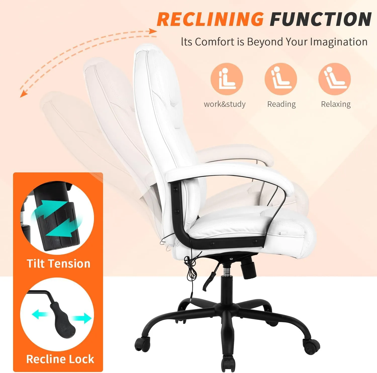 Big & Tall Office Chair 500lbs Capacity - Ergonomic High Back PU Leather Executive Massage Desk Chair with Wide Seat, Adjustable Lumbar Support & Armrests for Home Office Use, Beige