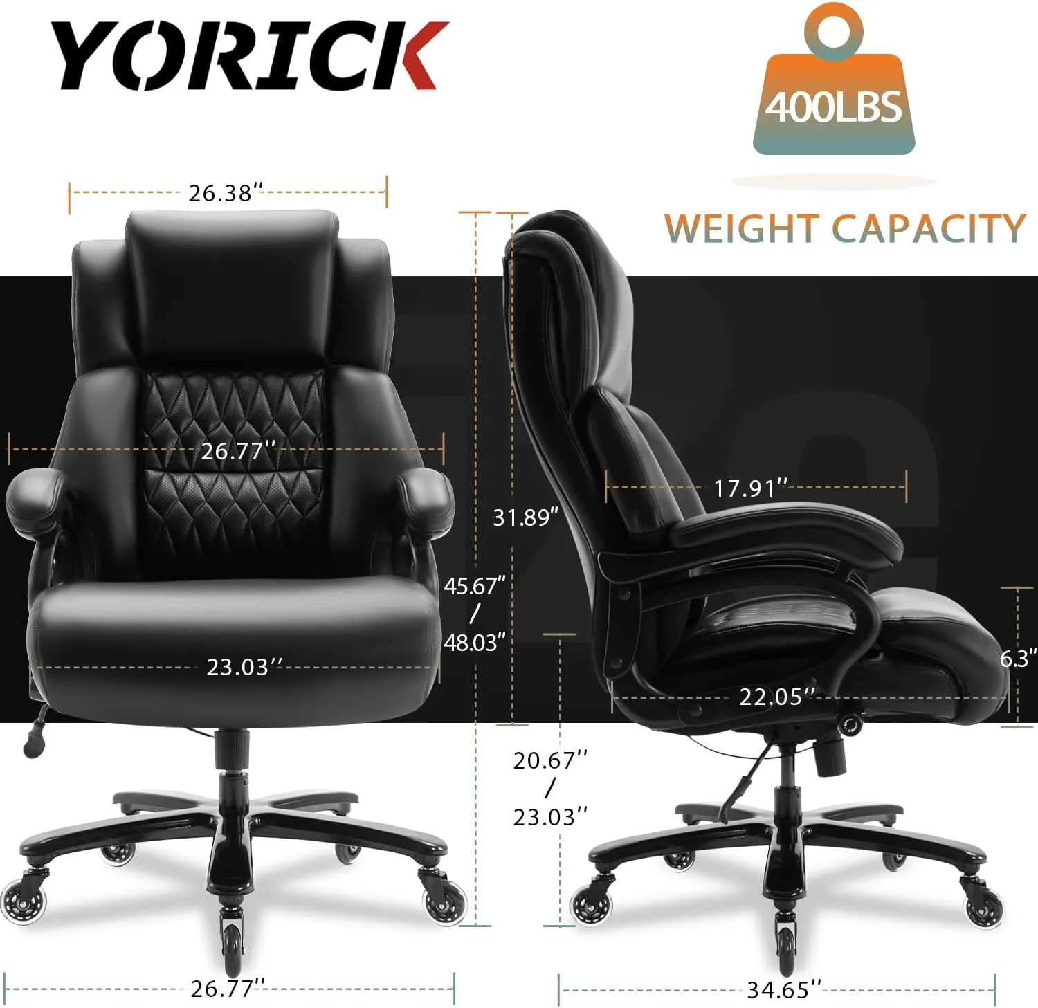 Big and Tall 400lbs Office Chair - Adjustable Lumbar Support Quiet Rubber Wheels Heavy Duty Metal Base, High Back Large Executive Computer Desk, Thick Padded Ergonomic Design for Back Pain (Black)