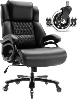 Big and Tall 400lbs Office Chair - Adjustable Lumbar Support Quiet Rubber Wheels Heavy Duty Metal Base, High Back Large Executive Computer Desk, Thick Padded Ergonomic Design for Back Pain (Black)