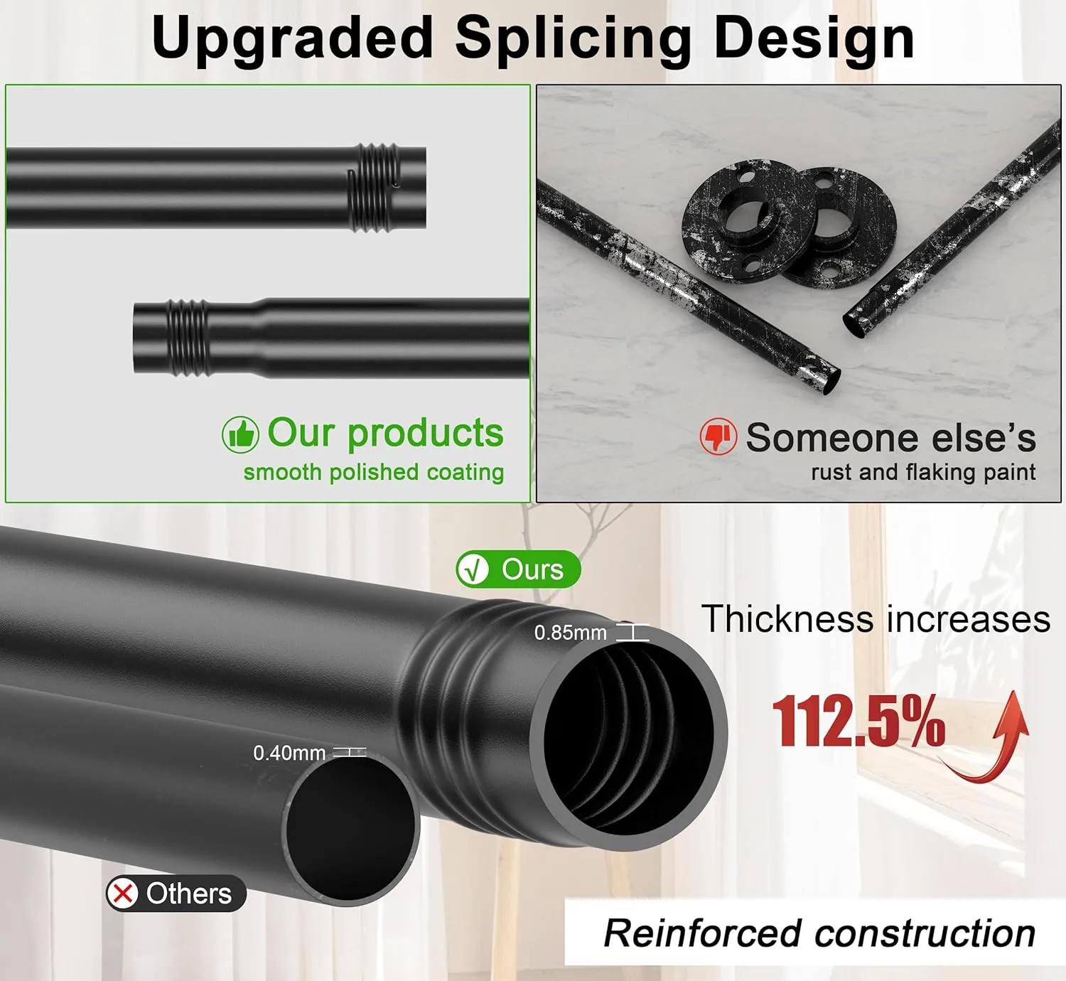 Black Industrial Curtain Rods for Windows 48 to 84, Outdoor Blackout Curtain Rod, Wrap Around Heavy Duty Curtain Rods,1 Inch Drapery Rod, Rustic Pipe Drapery Pole 48-84 Inch