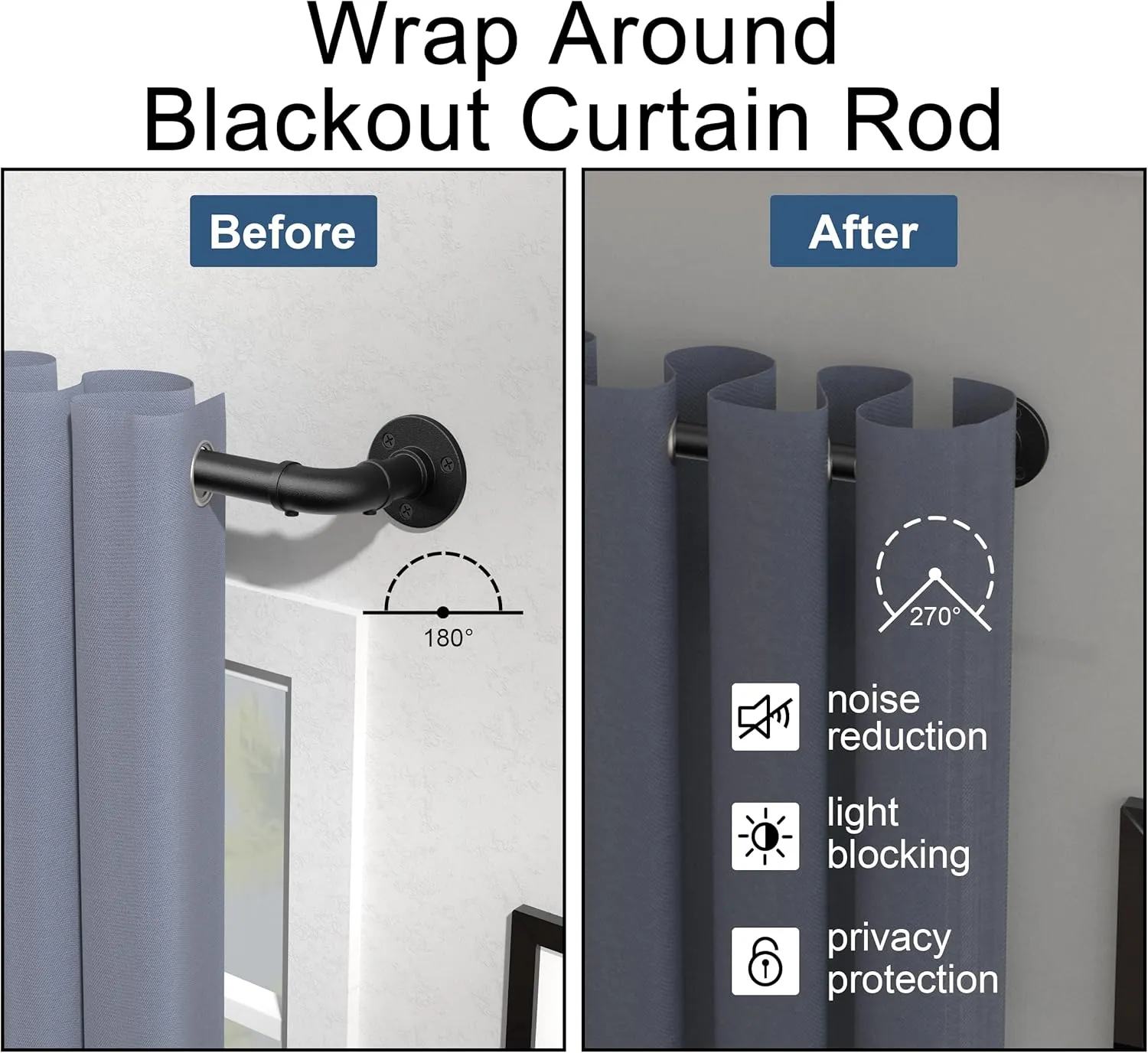 Black Industrial Curtain Rods for Windows 48 to 84, Outdoor Blackout Curtain Rod, Wrap Around Heavy Duty Curtain Rods,1 Inch Drapery Rod, Rustic Pipe Drapery Pole 48-84 Inch