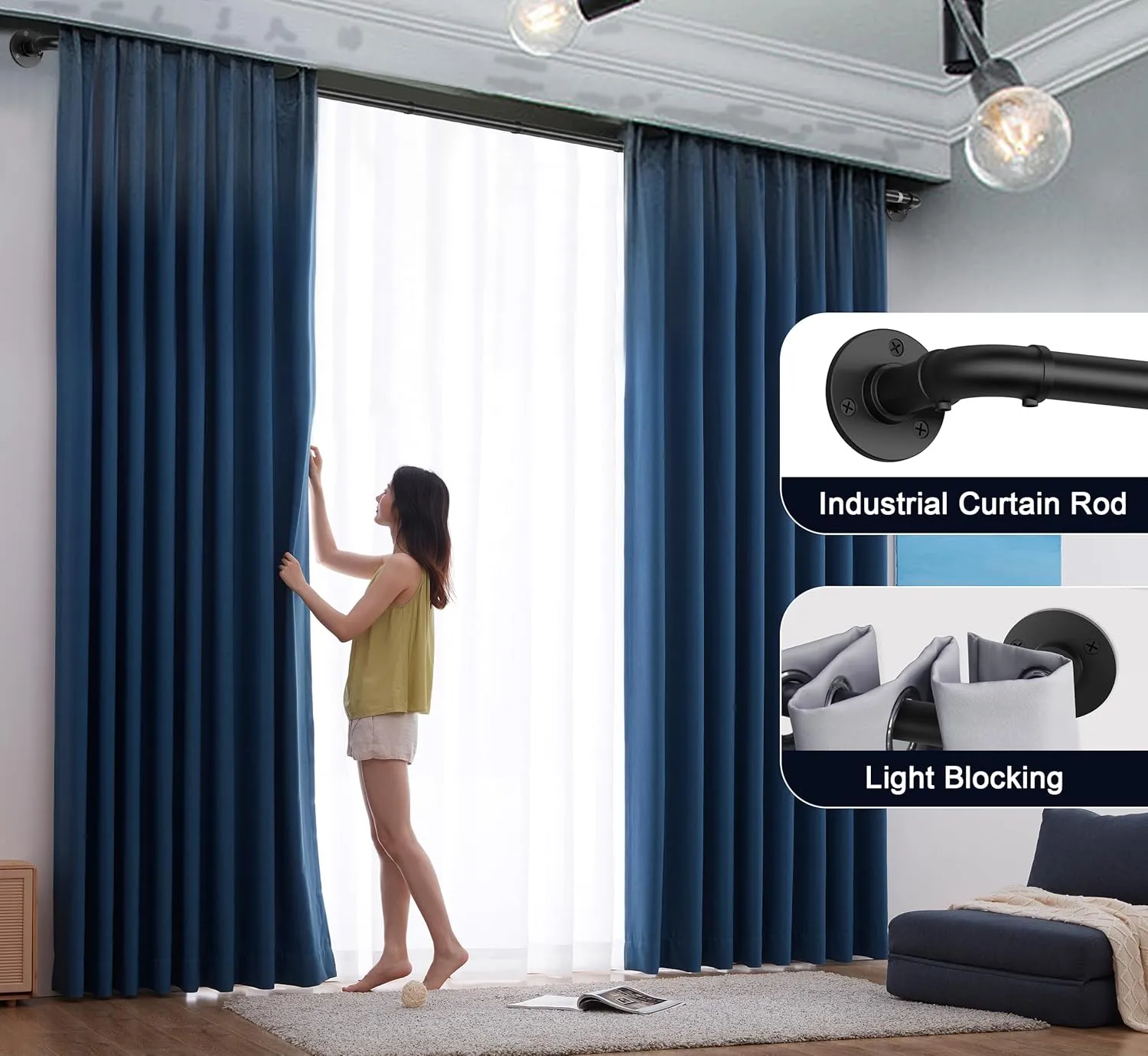 Black Industrial Curtain Rods for Windows 48 to 84, Outdoor Blackout Curtain Rod, Wrap Around Heavy Duty Curtain Rods,1 Inch Drapery Rod, Rustic Pipe Drapery Pole 48-84 Inch