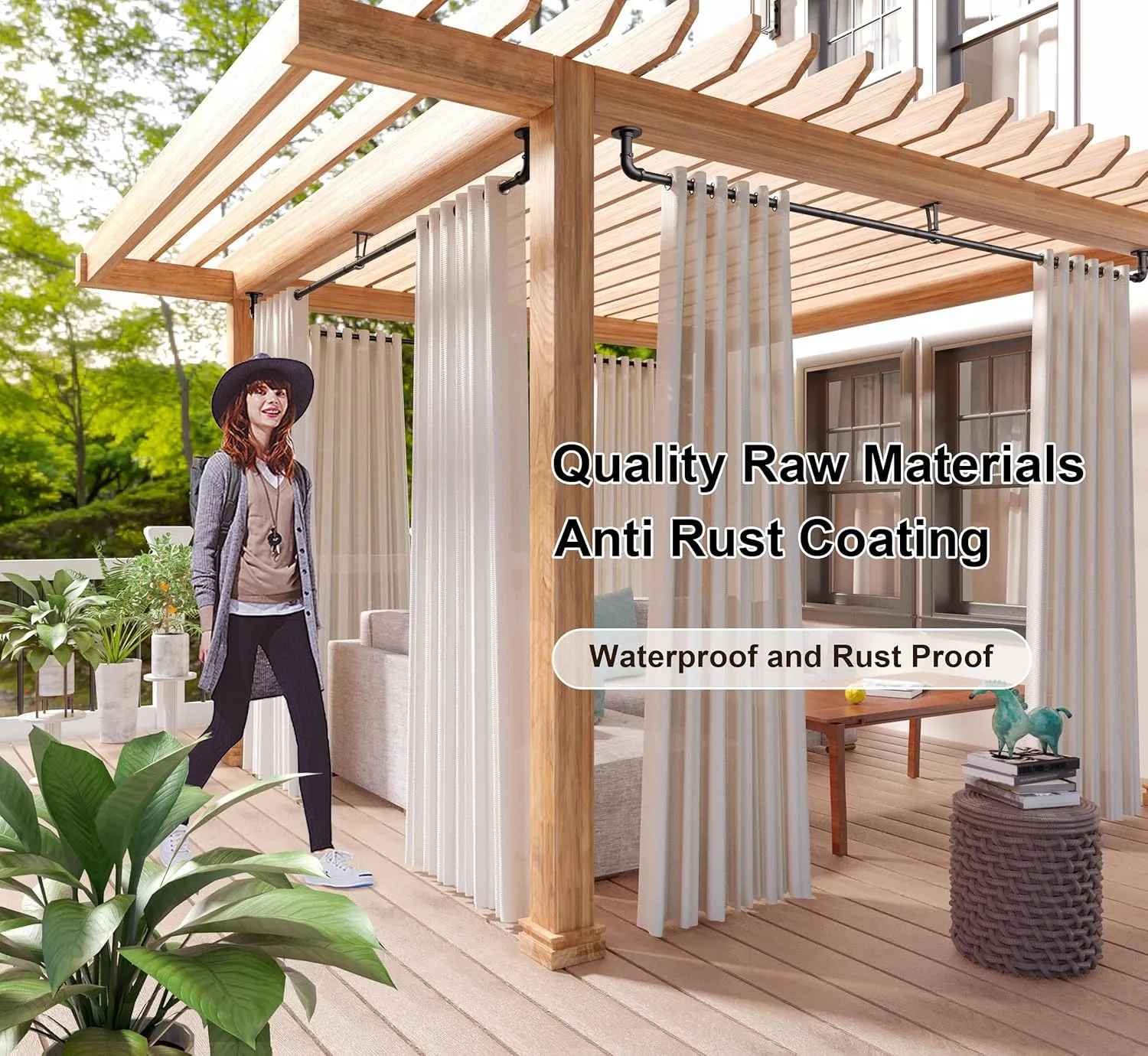 Black Industrial Curtain Rods for Windows 48 to 84, Outdoor Blackout Curtain Rod, Wrap Around Heavy Duty Curtain Rods,1 Inch Drapery Rod, Rustic Pipe Drapery Pole 48-84 Inch
