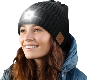 Bluetooth Beanie Hat with Light,Music Hat with Headphones and Built in Speaker Mic,USB Rechargeable LED Headlamp Hat,Unisex Outdoor Sport Knit Hat Black