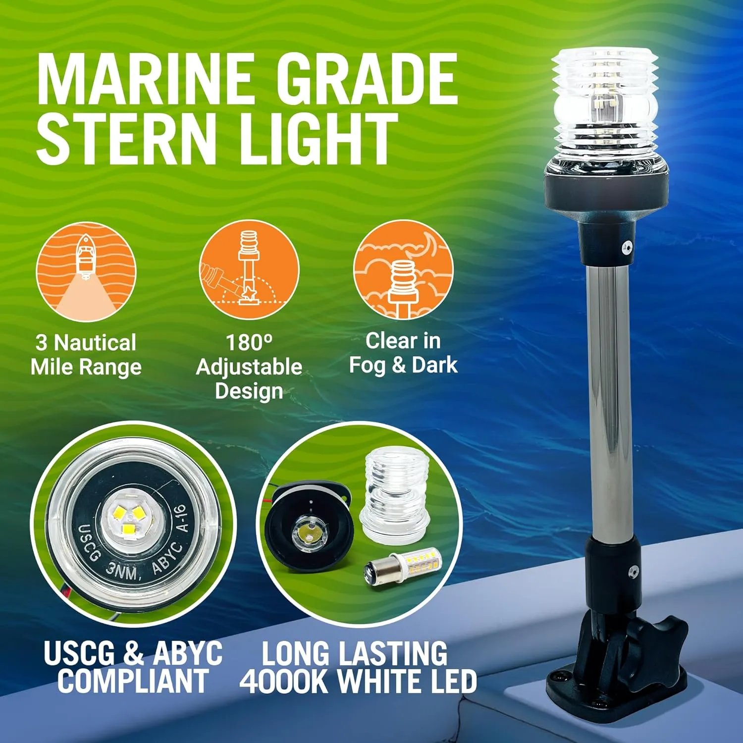 Boat Anchor Light, 12" LED Stern Light, USCG Tested Fold-Down Waterproof Marine Navigation Light, 3NM White All-Around Lighthouse Light, Folding Boat LED Accessory