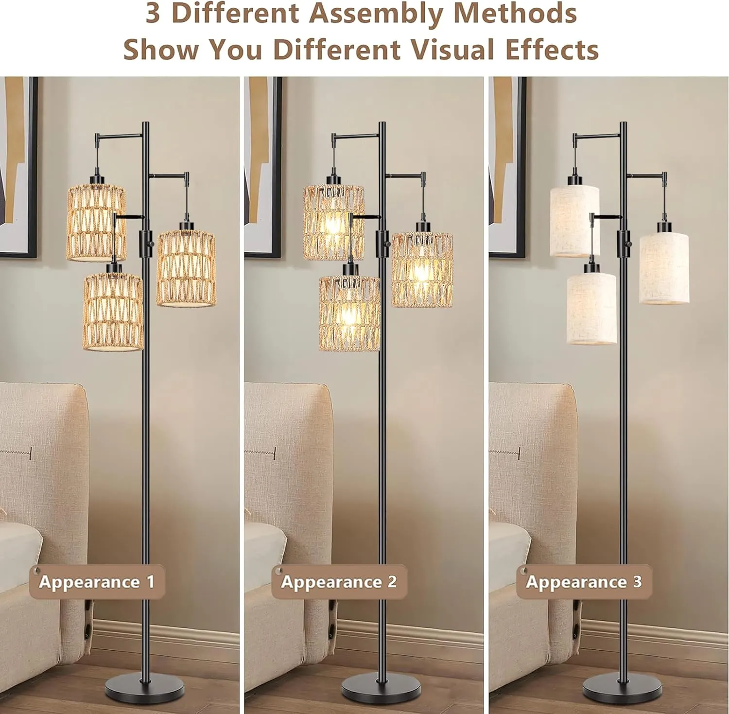 Boho Floor Lamp for Living Room Bedroom-3 Light Dimmable Floor Lamp with Three Led Bulb, Rustic Tall Lamp Black Standing Lamp Tree Floor Lamps for Living Room Bedroom,Office,Corner