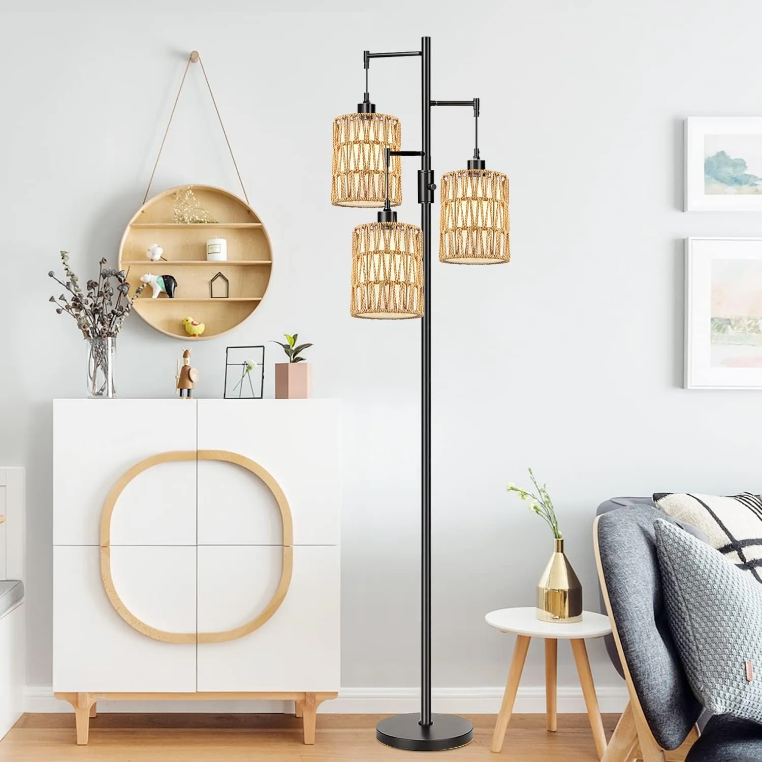 Boho Floor Lamp for Living Room Bedroom-3 Light Dimmable Floor Lamp with Three Led Bulb, Rustic Tall Lamp Black Standing Lamp Tree Floor Lamps for Living Room Bedroom,Office,Corner