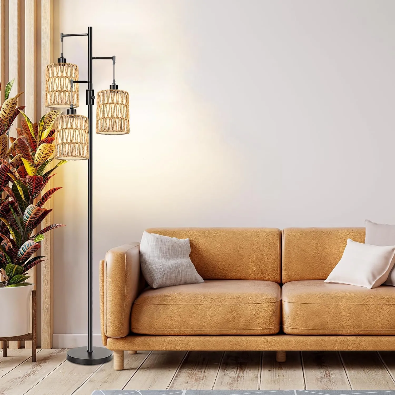 Boho Floor Lamp for Living Room Bedroom-3 Light Dimmable Floor Lamp with Three Led Bulb, Rustic Tall Lamp Black Standing Lamp Tree Floor Lamps for Living Room Bedroom,Office,Corner