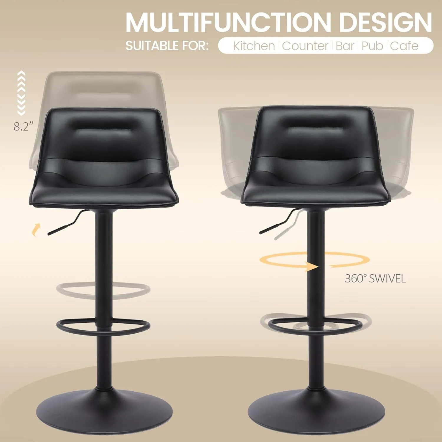Brage Living Adjustable Bar Stool, Modern PU Leather Swivel Counter Height Barstool with Back, Armless Airlift Curved Bar Chair for Kitchen Dining Cafe, 1 pc (Black, Black Base)