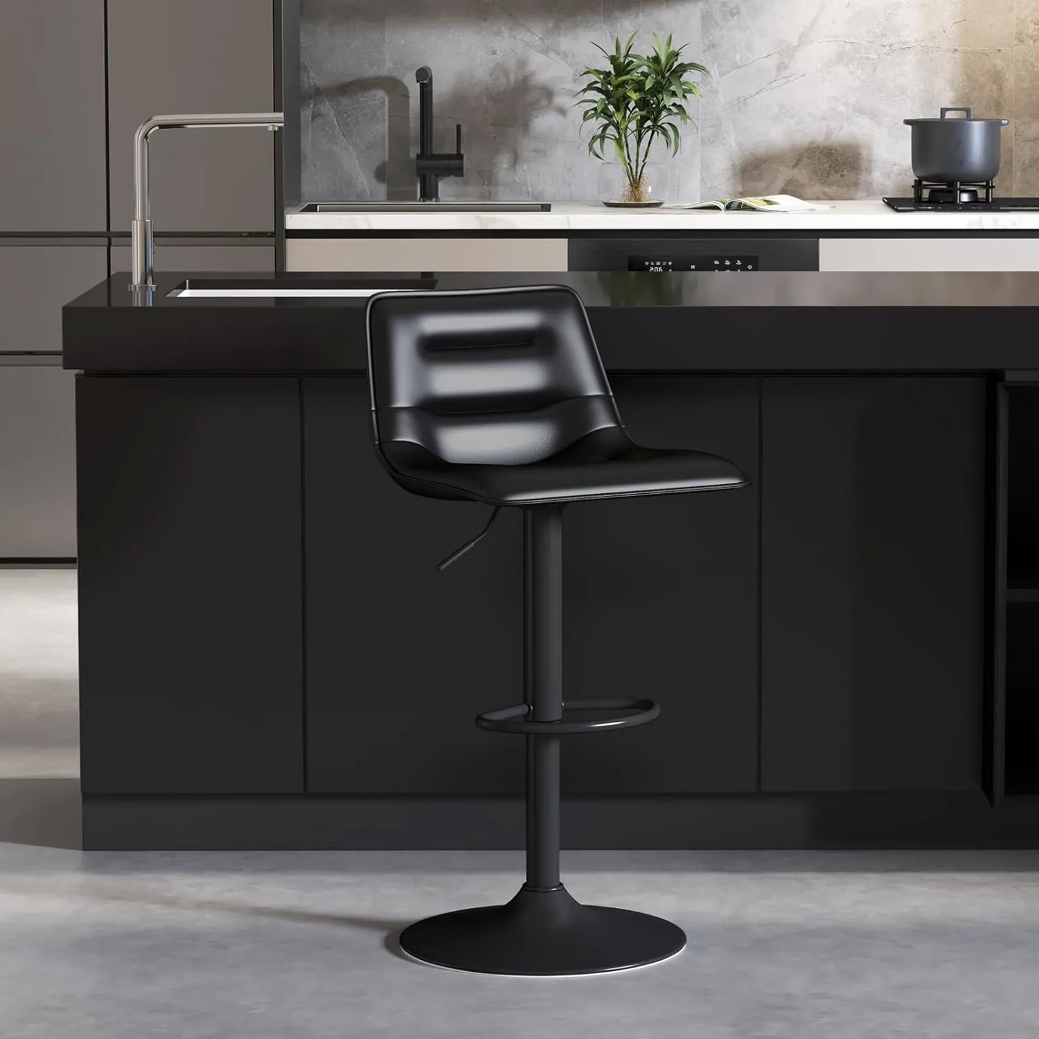 Brage Living Adjustable Bar Stool, Modern PU Leather Swivel Counter Height Barstool with Back, Armless Airlift Curved Bar Chair for Kitchen Dining Cafe, 1 pc (Black, Black Base)