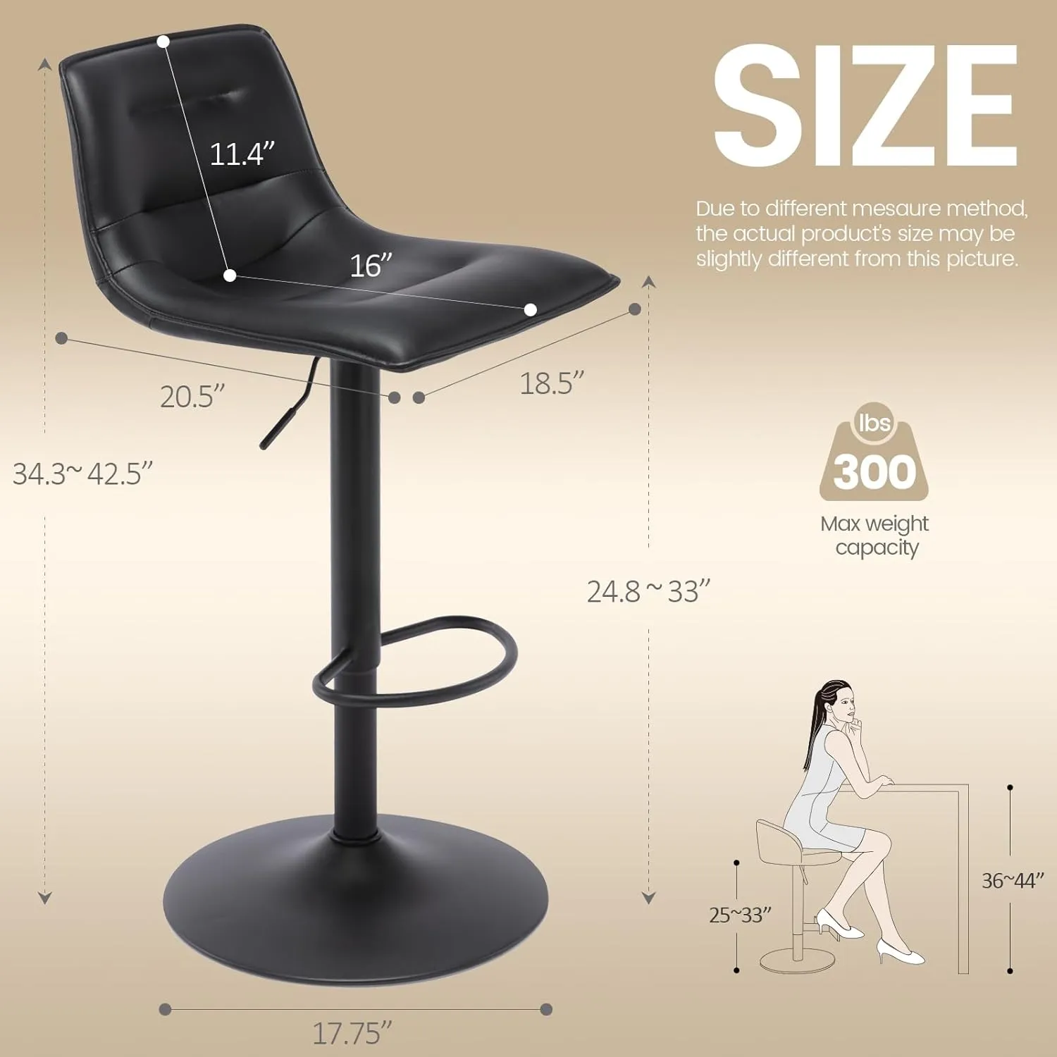 Brage Living Adjustable Bar Stool, Modern PU Leather Swivel Counter Height Barstool with Back, Armless Airlift Curved Bar Chair for Kitchen Dining Cafe, 1 pc (Black, Black Base)