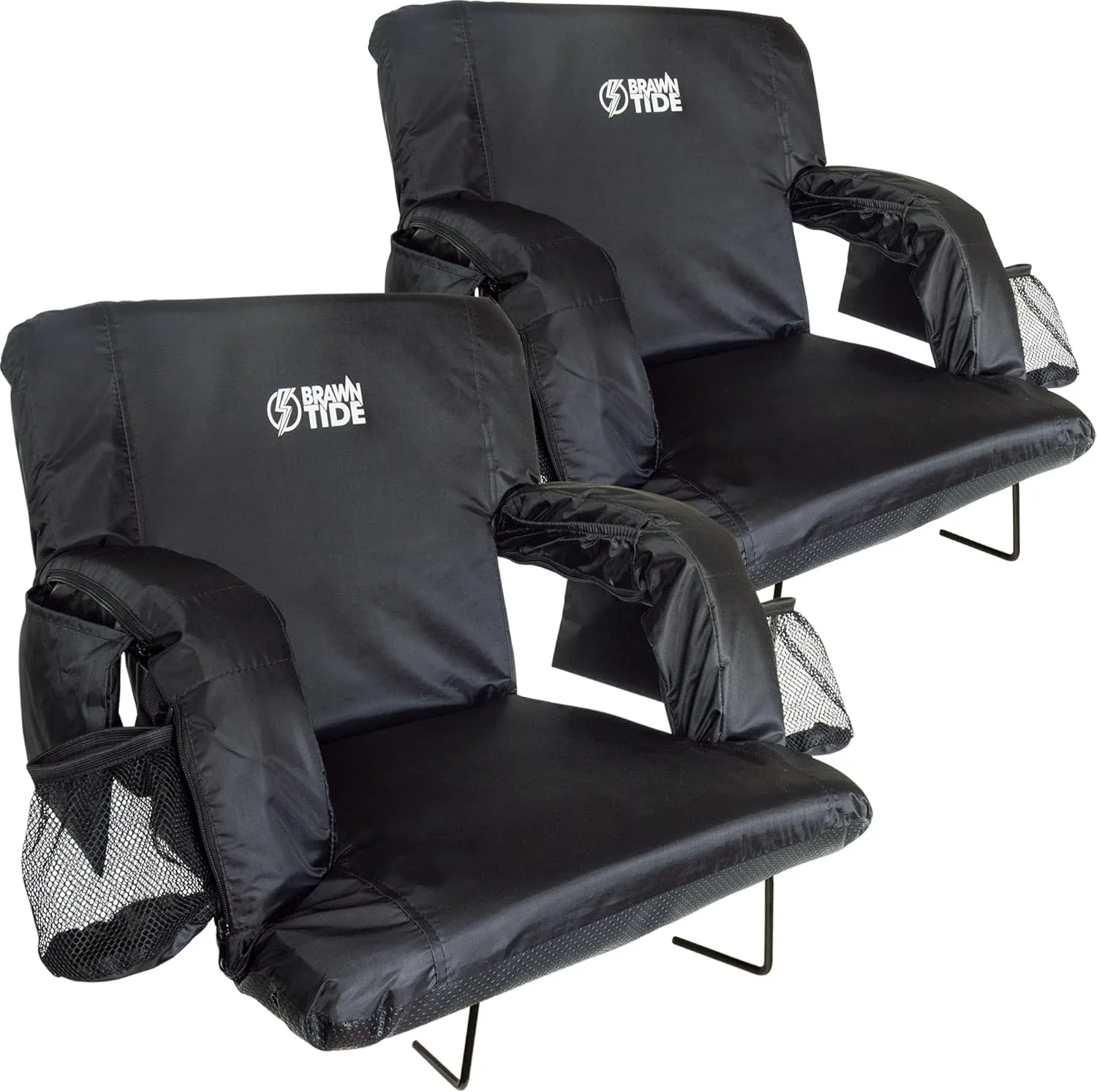BRAWNTIDE Stadium Seat with Back Support - Comfy Cushion, Thick Padding, 2 Steel Bleacher Hooks, 4 Pockets, 2 Cup Holders, Reclining Back, Ideal Chair for Sport Events, Beaches, Camping, Concerts