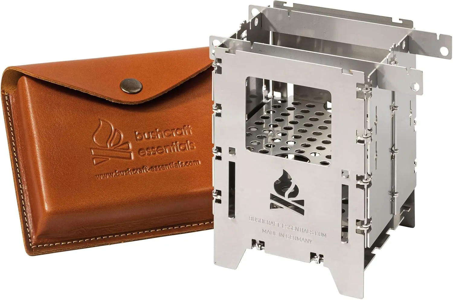 Bushcraft Essentials BUSHBOX LF Premium Set Outdoor Stove Hobo Stove Camping Wood Gas Spirit Foldable Compact with Accessories Stainless Steel Universal Grate LF Leather Case