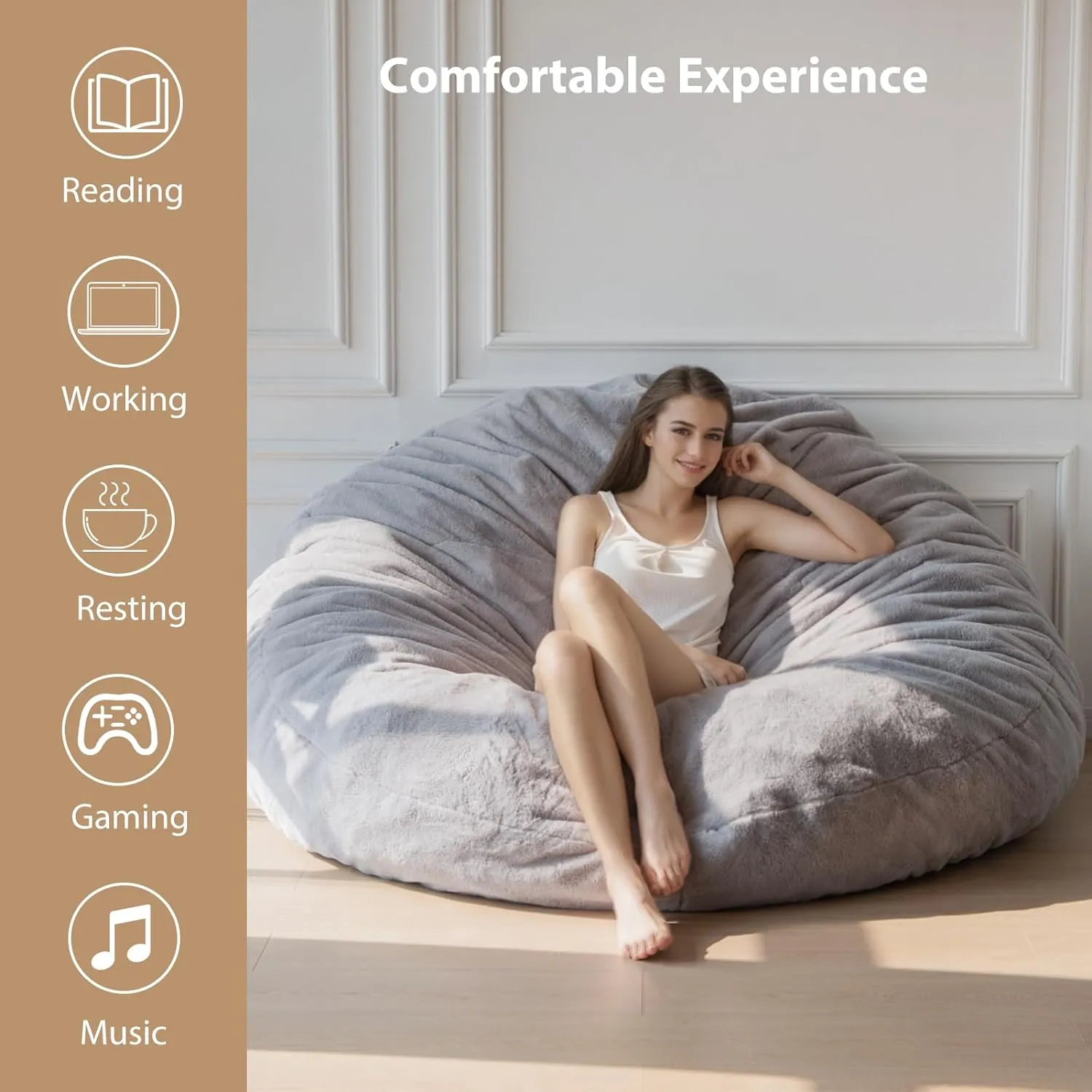 BYBYME 3 in 1 Bean Bag Chair, Convertible Chair Folds from Bean Bag to Lounger, High-Density Foam Filling, Faux Fur Big Sofa Bed, Giant Bean Bag Chair Bed for Adults