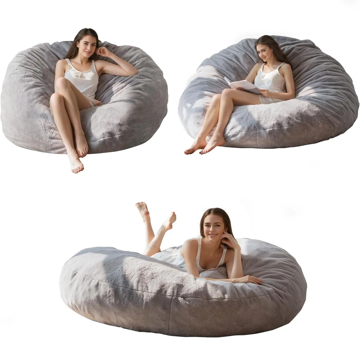 BYBYME 3 in 1 Bean Bag Chair, Convertible Chair Folds from Bean Bag to Lounger, High-Density Foam Filling, Faux Fur Big Sofa Bed, Giant Bean Bag Chair Bed for Adults
