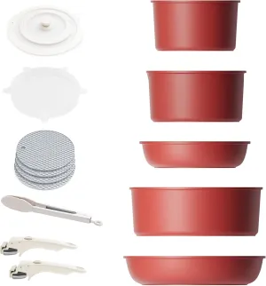 Caannasweis Detachable Nonstick Cookware Set - Stackable Induction Pots and Pans With Removable Handles, Dishwasher Safe - For RV Camping, Oven and Stovetop Use, 5 Pieces (Red)