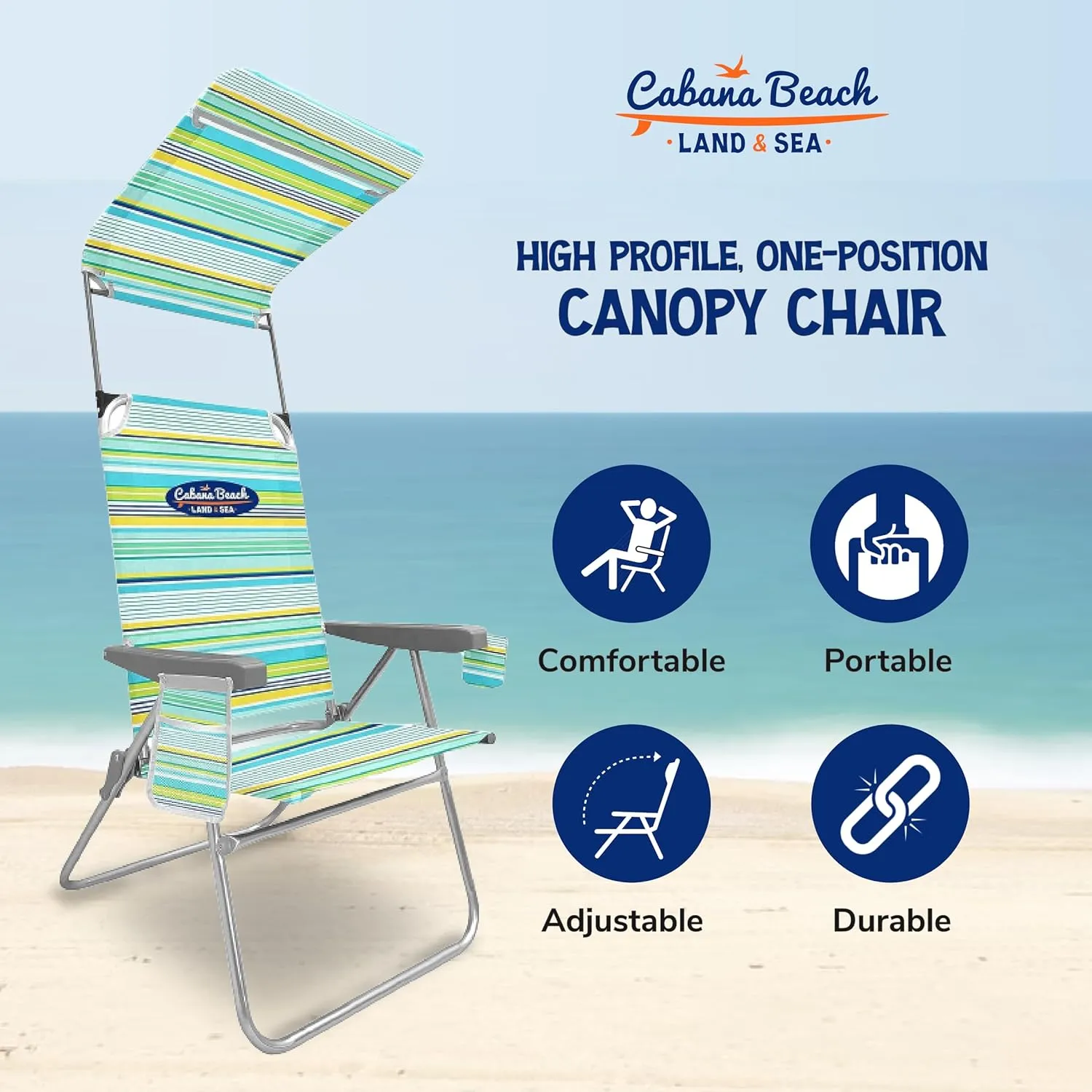 Cabana Beach Folding Beach Chair, 1 Position High Back Outdoor Camping Accessories with Canopy, Lightweight and Portable, Stripe