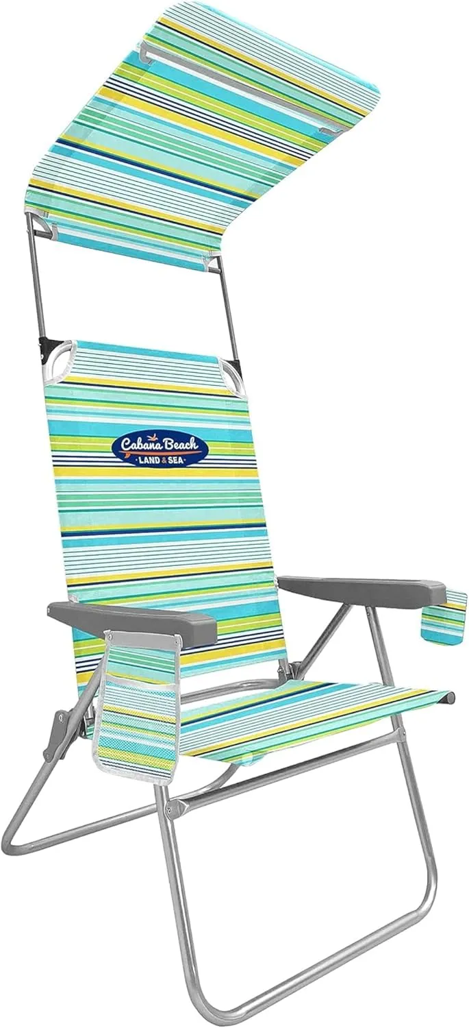 Cabana Beach Folding Beach Chair, 1 Position High Back Outdoor Camping Accessories with Canopy, Lightweight and Portable, Stripe