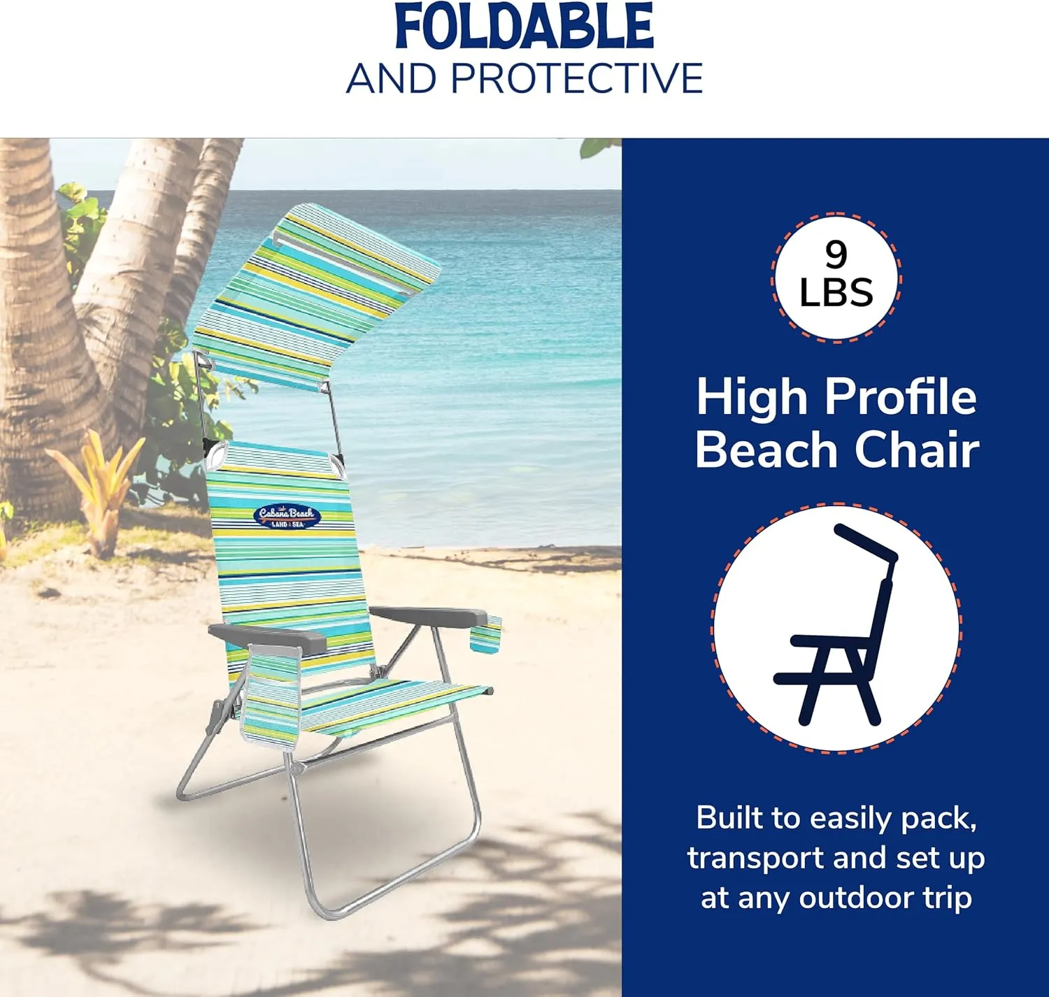 Cabana Beach Folding Beach Chair, 1 Position High Back Outdoor Camping Accessories with Canopy, Lightweight and Portable, Stripe
