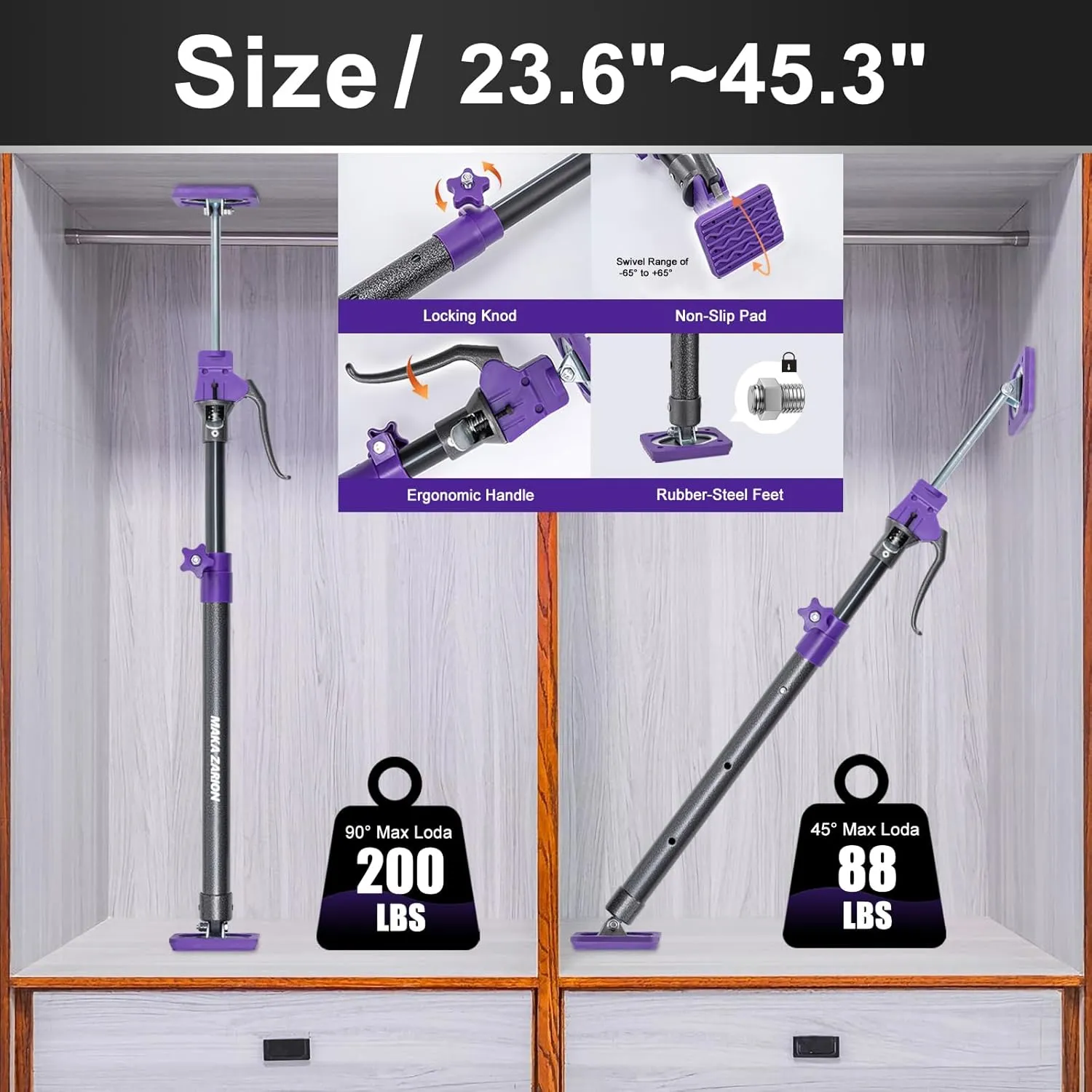 Cabinet Jack Support Pole, Third Hand Tools, 23.6"-45.3 inches, Steel Telescopic Adjustable Support Pole, Capacity for Cabinet Jack, Drywall Jack& Cargo Bars, 1-Pack