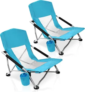 Camp Folding Beach Chair for Adults 2 Pack Chairs with Cup Holder Pocket Headrest Carry Bag for Outdoor, Beach, Camping, Lawn, Music Festival (Blue)