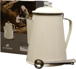 Camping Boiler Enamel Coating And Glass Cap For Backpacking, Campsite, Kitchen, Over Stove And Pot Makes 12 Cups Comes With Stainless Steel Spoon (Beige) No Basket