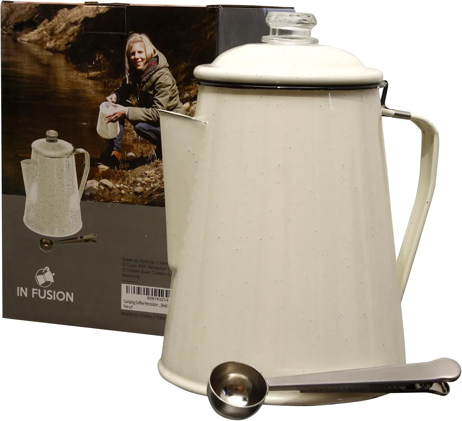 Camping Boiler Enamel Coating And Glass Cap For Backpacking, Campsite, Kitchen, Over Stove And Pot Makes 12 Cups Comes With Stainless Steel Spoon (Beige) No Basket