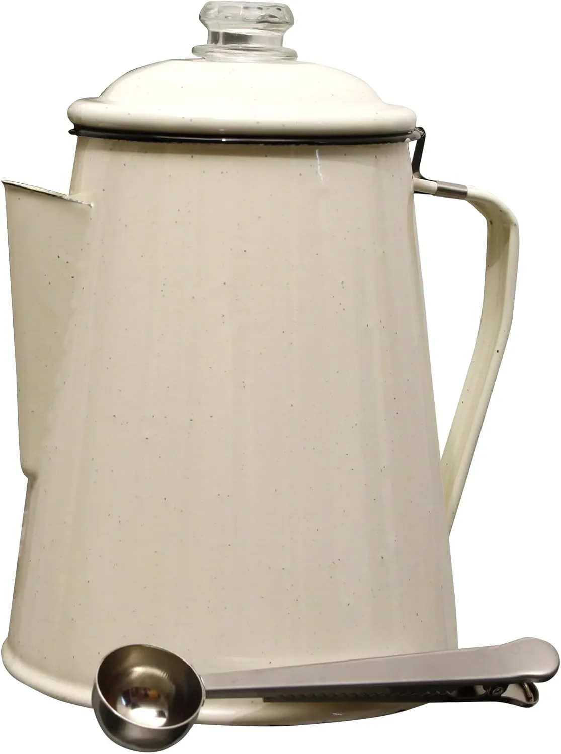 Camping Boiler Enamel Coating And Glass Cap For Backpacking, Campsite, Kitchen, Over Stove And Pot Makes 12 Cups Comes With Stainless Steel Spoon (Beige) No Basket