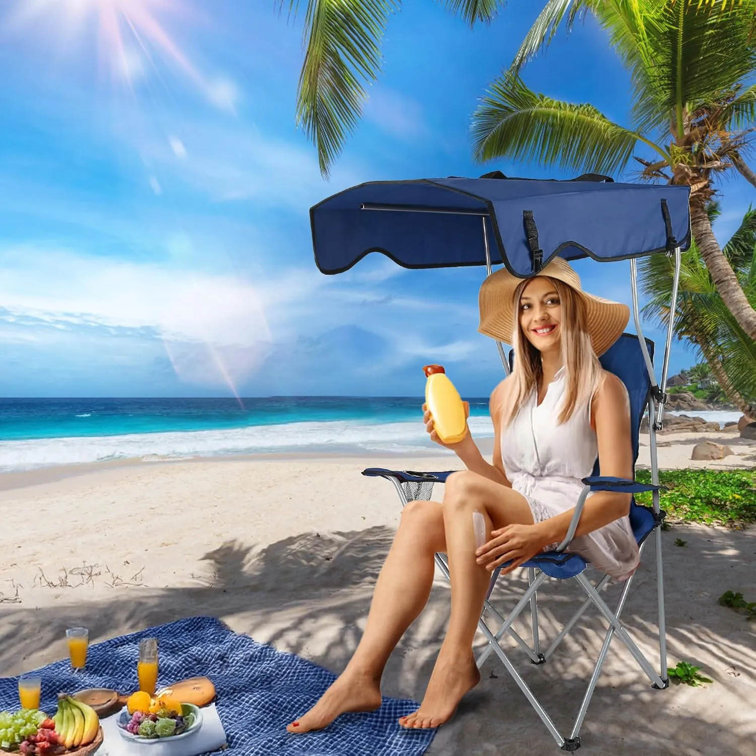 Camping Chair with Canopy - Heavy Duty Max Shade Oversized Folding Chair with Cup Holder, Sun Protection Portable Outdoor Lounge for Beach, Fishing, Sports, Backyard (NavyBlue)