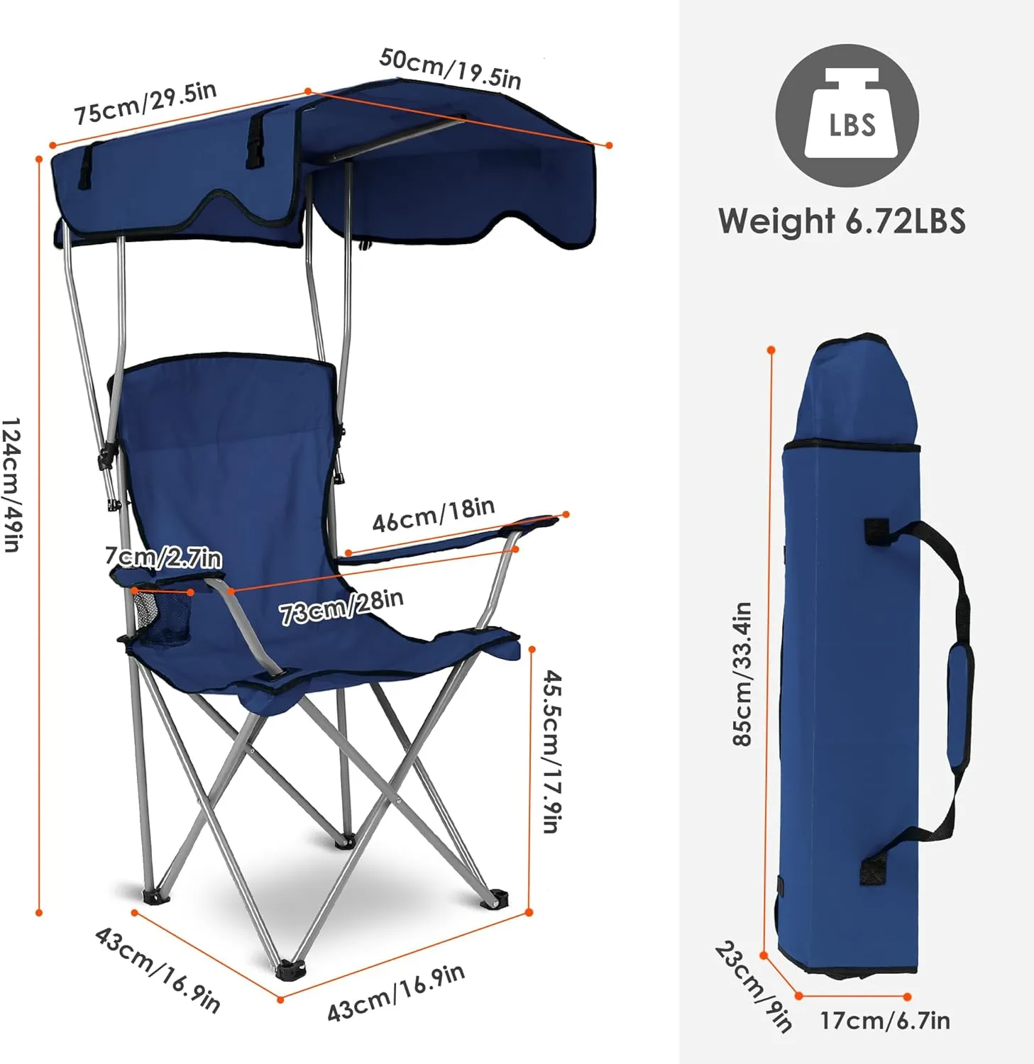 Camping Chair with Canopy - Heavy Duty Max Shade Oversized Folding Chair with Cup Holder, Sun Protection Portable Outdoor Lounge for Beach, Fishing, Sports, Backyard (NavyBlue)