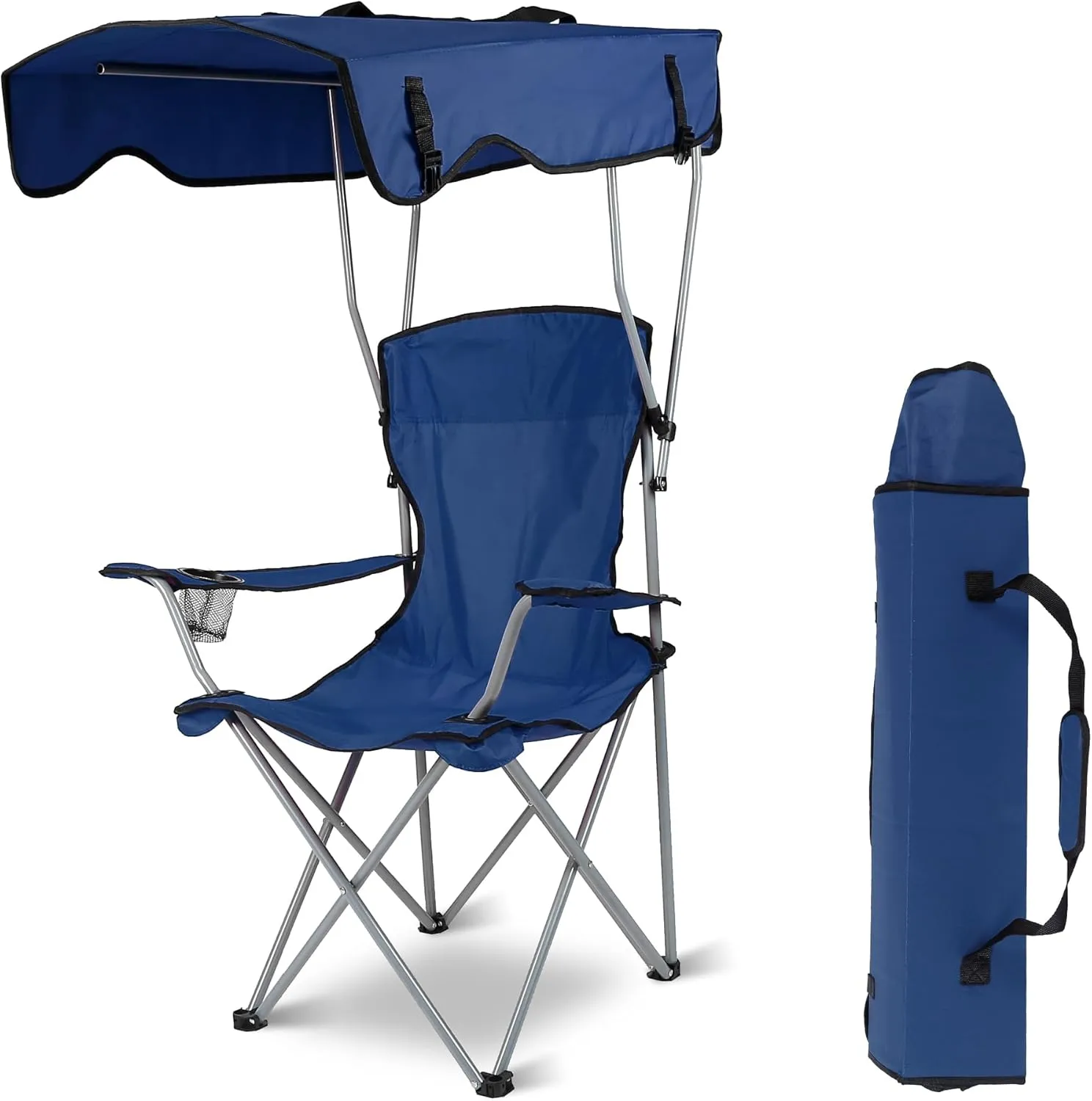 Camping Chair with Canopy - Heavy Duty Max Shade Oversized Folding Chair with Cup Holder, Sun Protection Portable Outdoor Lounge for Beach, Fishing, Sports, Backyard (NavyBlue)