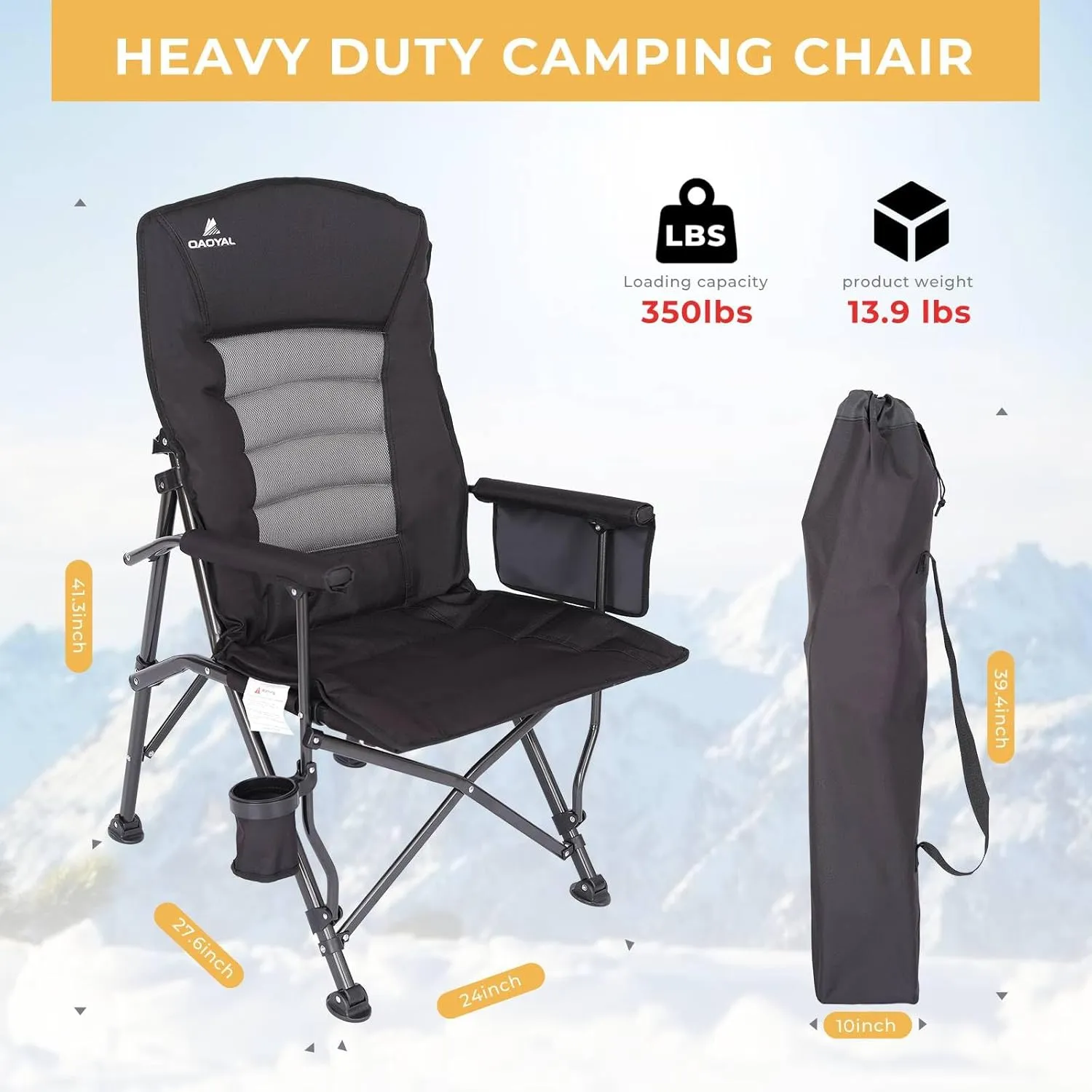 Camping Chairs for Adults, Adjustable Backrest Heavy Duty Oversized Folding Chair Supports 350lbs for Outside with Cup Holder&Side Pocket, Outdoor Folding Camp Chair Beach Chair with High Back (Black)