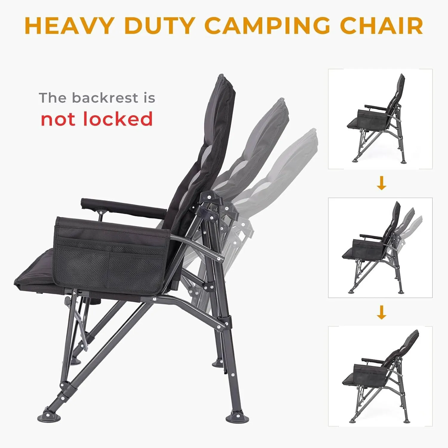 Camping Chairs for Adults, Adjustable Backrest Heavy Duty Oversized Folding Chair Supports 350lbs for Outside with Cup Holder&Side Pocket, Outdoor Folding Camp Chair Beach Chair with High Back (Black)