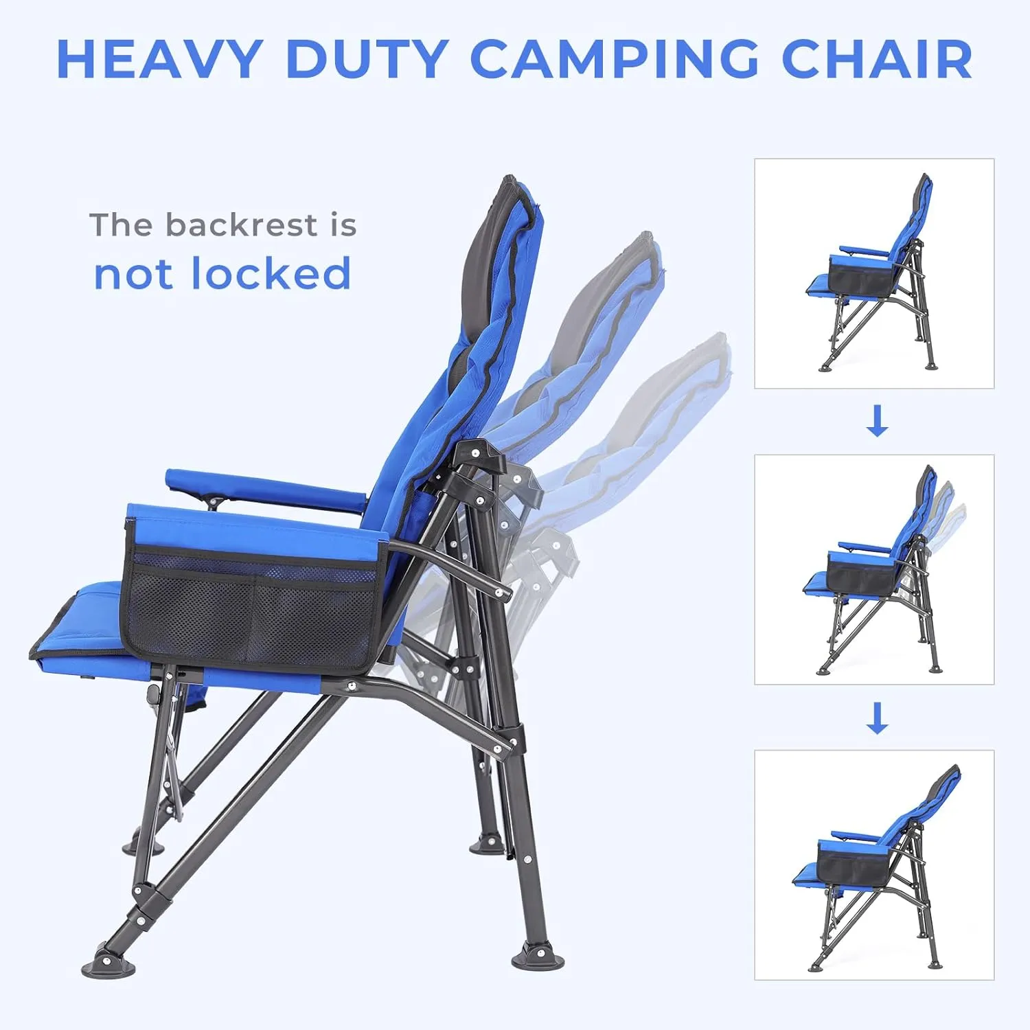 Camping Chairs for Adults, Adjustable Backrest Heavy Duty Oversized Folding Chair Supports 350lbs for Outside with Cup Holder&Side Pocket, Outdoor Folding Camp Chair Beach Chair with High Back (Blue)