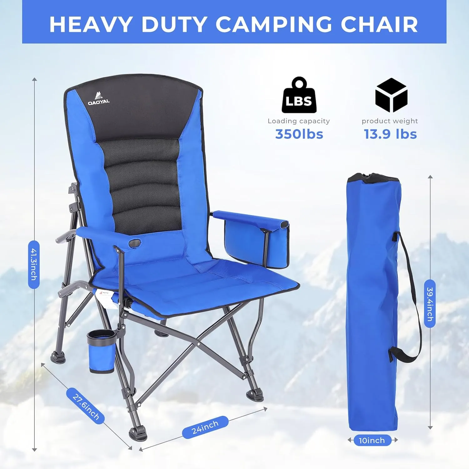 Camping Chairs for Adults, Adjustable Backrest Heavy Duty Oversized Folding Chair Supports 350lbs for Outside with Cup Holder&Side Pocket, Outdoor Folding Camp Chair Beach Chair with High Back (Blue)